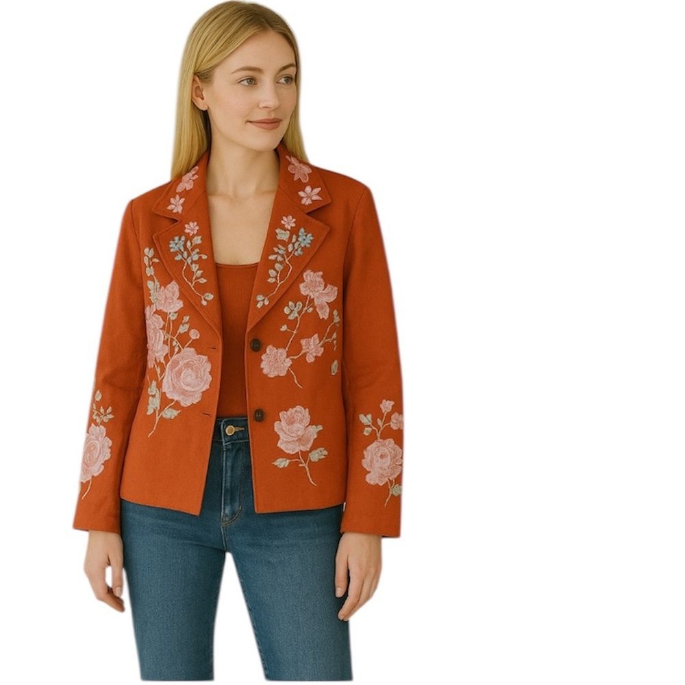 Armor Jeans Y2K Embroidered Floral Cotton Jacket Blazer Pockets Studs Orange XL